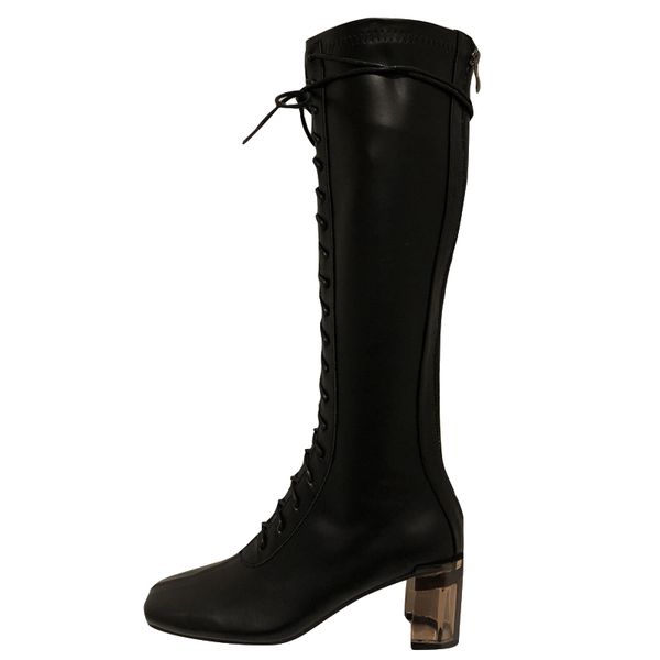 

boots lace-up zipper square toe fashion women, Black