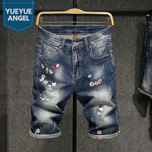 

summer stretchy denim shorts mens vintage embroidery knee length trousers straight slim short jeans male casual jeans plus size, Blue