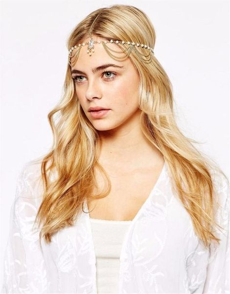 

hair clips & barrettes european india gold metal tassel head chain headband for bridal pearl rhinestone flower shaped forehead jewelry acces, Golden;silver