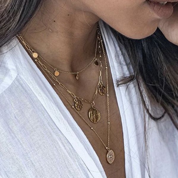 

pendant necklaces iparam bohemia gold color coin necklace for women multilayer human head 2021 vintage jewelry, Silver