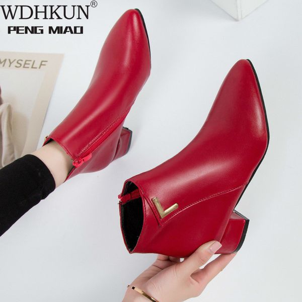 

2020 fashion women boots casual leather low high heels spring shoes woman pointed toe rubber ankle boots black red zapatos mujer