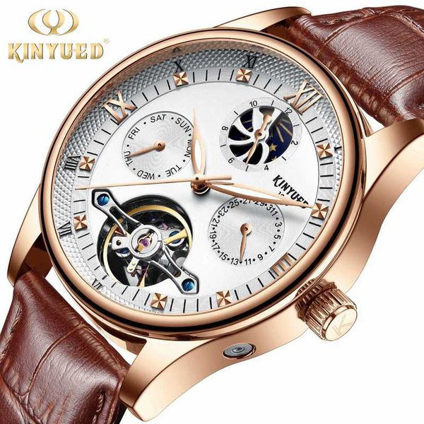 

wristwatches kinyued watch man automatic tourbillon mechanical mens watches moon phase leather clock self-winding calendar male reloj hombre, Slivery;brown