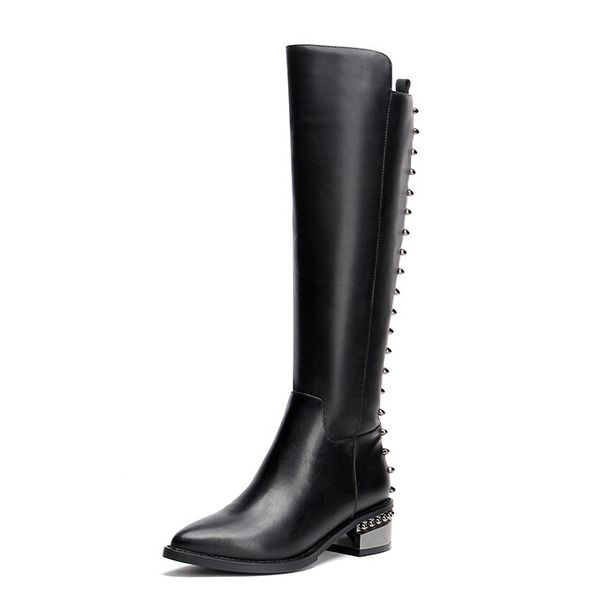 

women autumn winter thick mid heel genuine leather rivets pointed toe side zipper fashion knee high boots size 33-40 sxq0905, Black