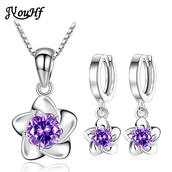 

jyouhf elegant flower earring necklace set fashion white purple zircon crystal drop earring jewelry sets for women gift, Silver