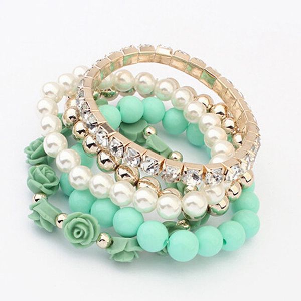 

5pcs/set bohemian vintage multi-layer bracelets fashion flower pearls charms elastic bracelets bangles for women ladies gift, Black