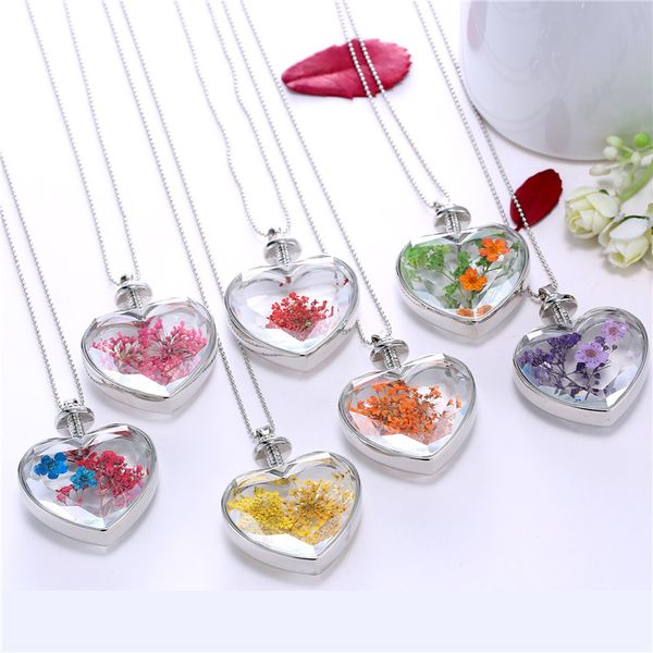 

chains creative plant dried flowers love heart necklaces birthday holiday gifts real unique flower pendant for women men, Silver