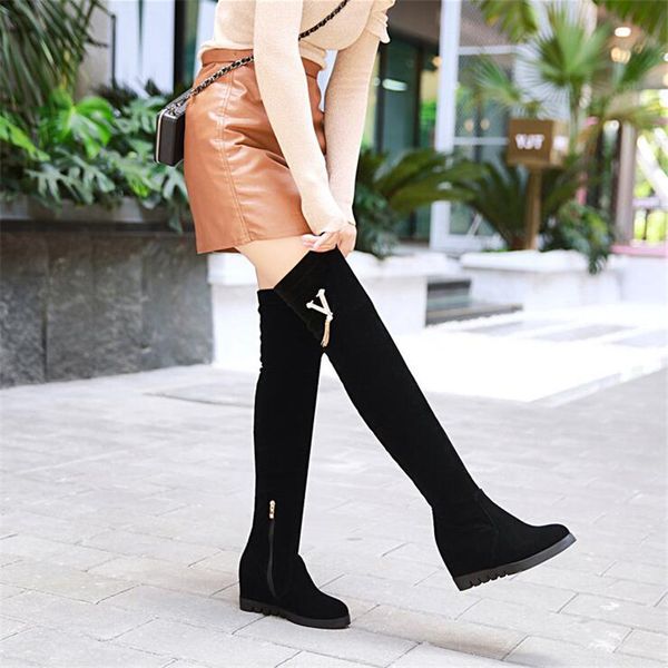 

new pattern europe and america extra large code women's boots 6cm increased internal elastic boots superior quality over knee, Black