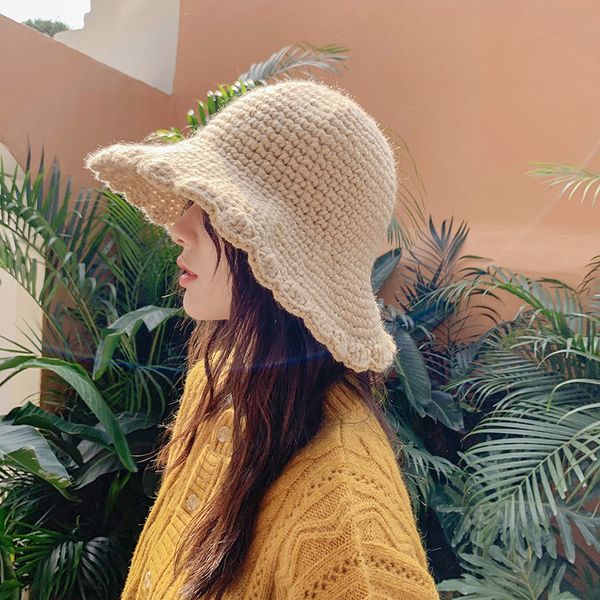 

beanie/skull caps hand-woven thick wool lace solid color retro big eave woolen hat women's autumn and winter warmth all-match knitted b, Blue;gray