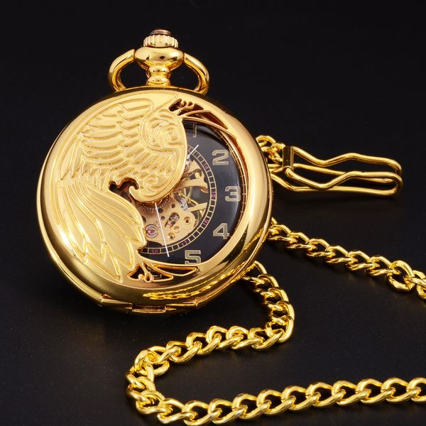 

new mechanical pocket watch phoenix wings carving design hand wind classic elegant skeleton fashion pocket fob watch t200502, Slivery;golden