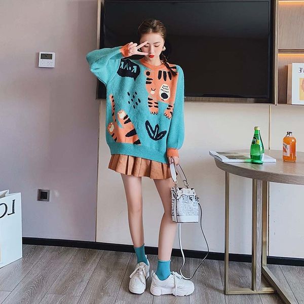 

cartoon jacquard women's pullover autumn and winter new 2020 internet celebrity loose round pullover sweater neck sweater clmna clmn, White;black
