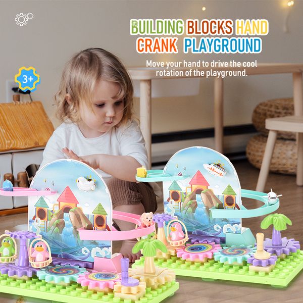

colorful building blocks hand crank rotation launch the funny playground for baby kid early educational rail toys gifts