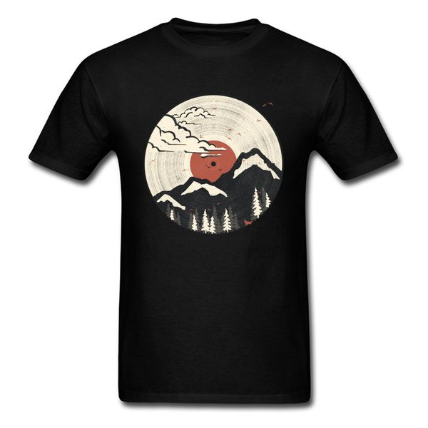 

vintage vinyl disc mount fuji tshirts record mountain forest birds fox landscape black men's t shirt oversized tee