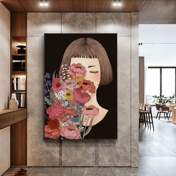 

canvas painting wall posters and prints girl holding flowers wall art pictures for living room decoration dining restaurant l home decor