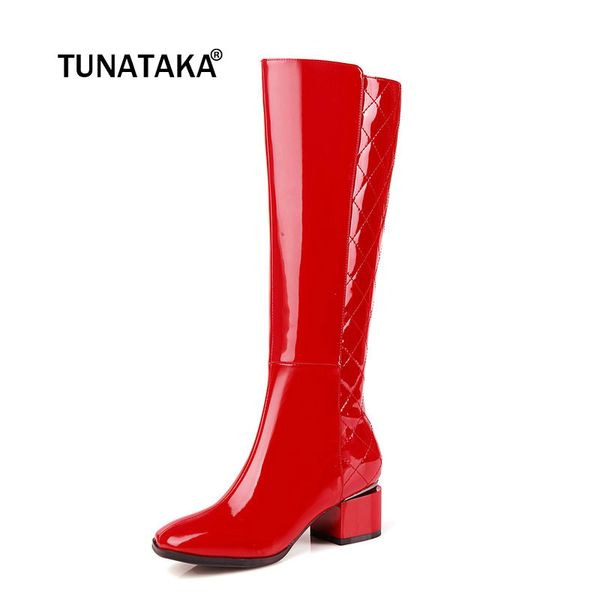

boots women genuine leather comfort low heel knee high fashion zipper square toe warm winter shoes black red white