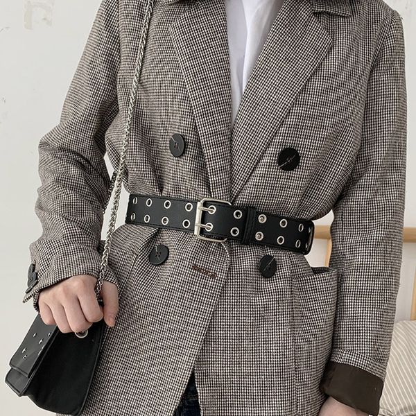 

2020 punk women belts pu leather wide belt double-breasted korean fashion waistband dress coat down decoration 105cm, Black;brown