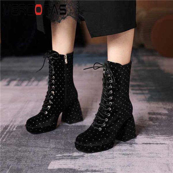

verconas brand new polka dot woman mid-calf boots handmade side zip boots cross-tied square toe high heels fashion woman, Black