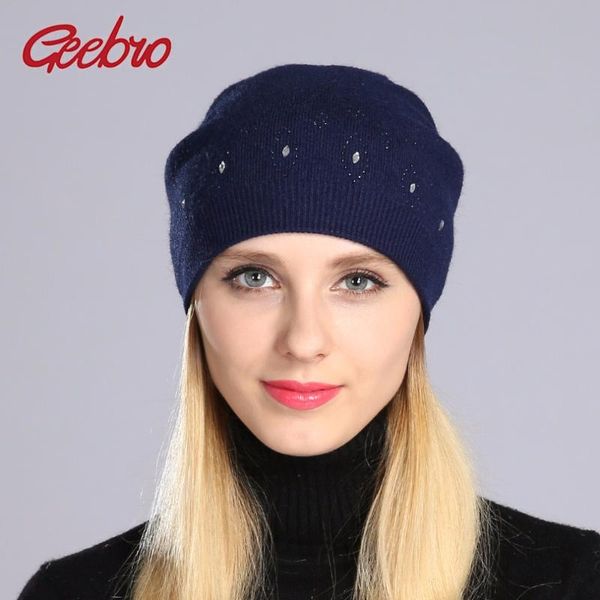 

geebro women's beanie hat winter casual knitted cashmere beanies with shine rhinestones ladies skullies beanies hat bonnet dq054, Blue;gray