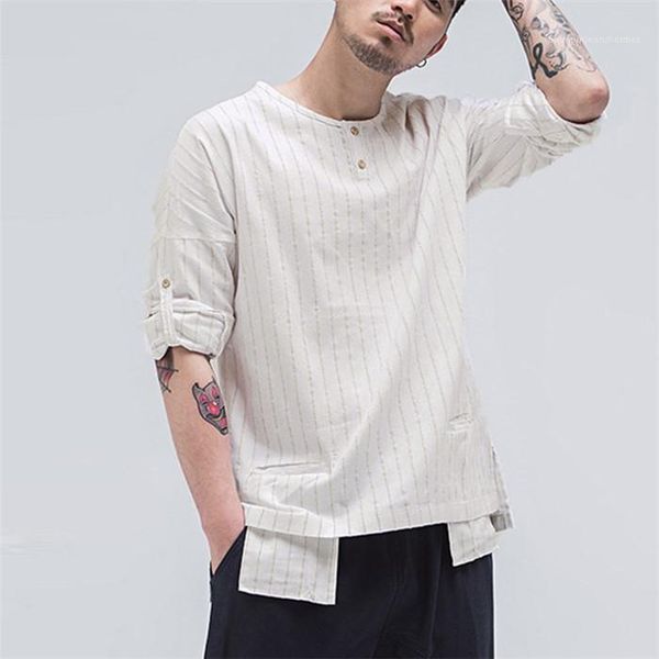 

casual men designer shirts clothing 3xl retro mens striped shirts autumn mandarin collar long sleeve with pockets, White;black