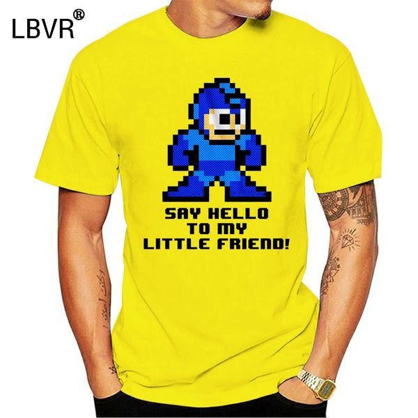 

megaman rokkuman pixel 8bit mens t shirt say hello to little friend vintage game(1
