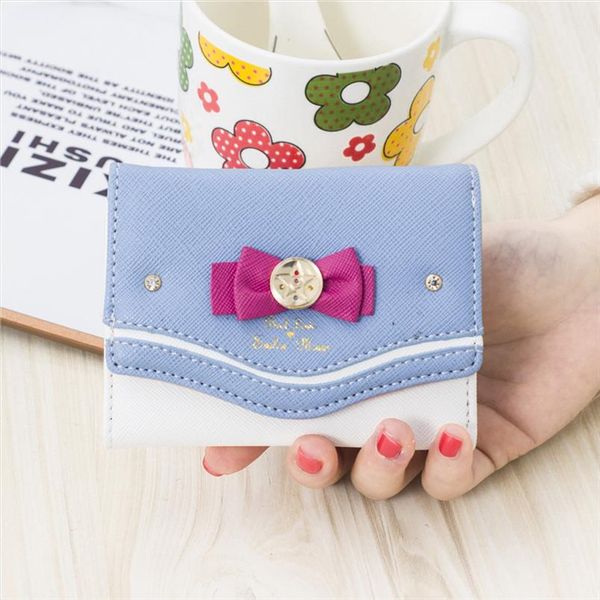

korean women bowknot leather short wallet female small cute purse coin purse clutch sailor moon organizer wallet purse money bag, Red;black