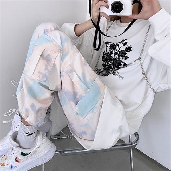 

cool tie dyed pants streetwear women autumn punk joggers trousers hip hop cargo rock pants summer cargo casual girl, Black;white