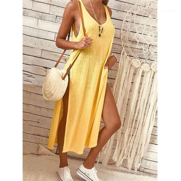 

summer sleeveless loose short sleeve roun neck dress womens fashion slit dress solid color, Black;gray