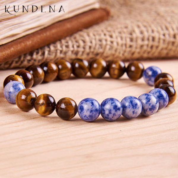 

tennis men's tiger eye beaded bracelet natural stone mala gift blue and white dot stretch for man, Golden;silver
