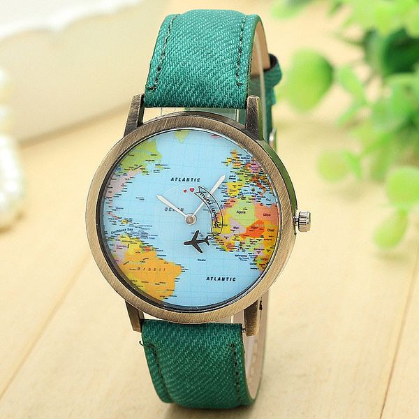 

wristwatches global travel by plane map women dress watch denim fabric band gn ladies clock, Slivery;brown