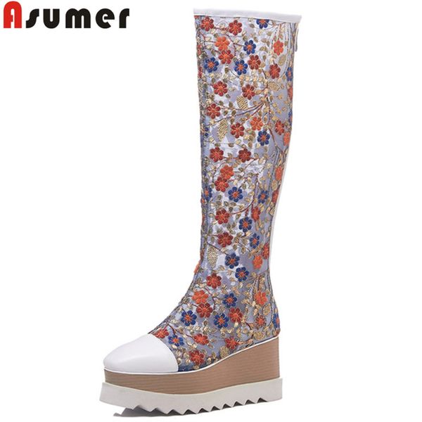 

asumer big size 34-42 summer boots woman square toe zip mesh+cow leather shoes women embroidery high heels knee high boots women, Black