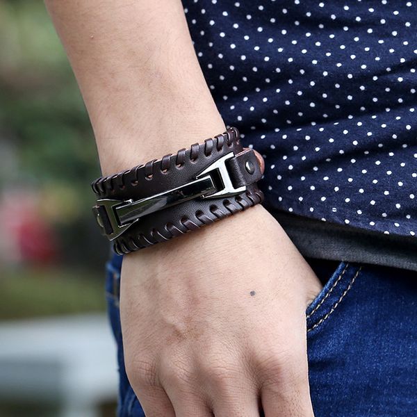 

women men fashion punk rock style bracelets genuine leather wide black brown braided metal buckle bracelet wristband jewelry, Golden;silver