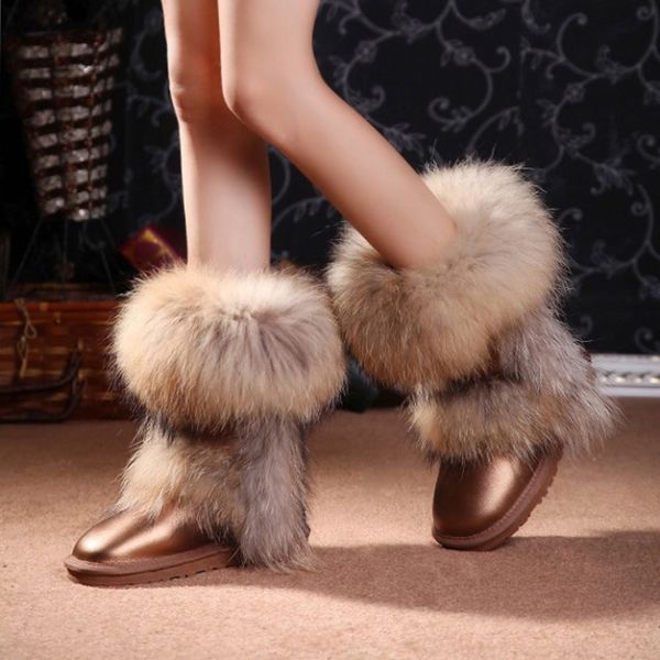 

boots fashion waterproof women winter big natural fur snow genuine leather female shoes non-slip rubber soles, Black