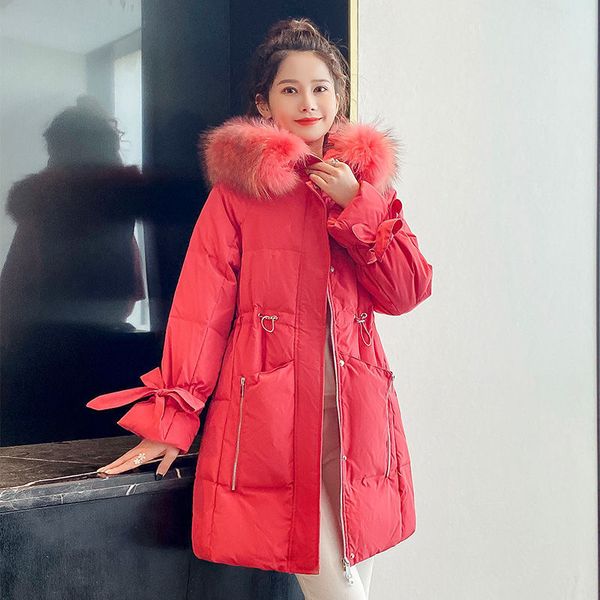 

women's down & parkas 2021 winter women korean real raccoon fur collar coats female elastic waist white duck oversize mid-long s192, Black