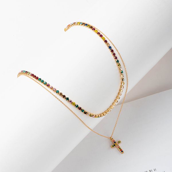 

creative 2-layer colorful rhinestone alloy necklace simple cross pendant long sweater chain women trendy fashion jewelry gift, Silver