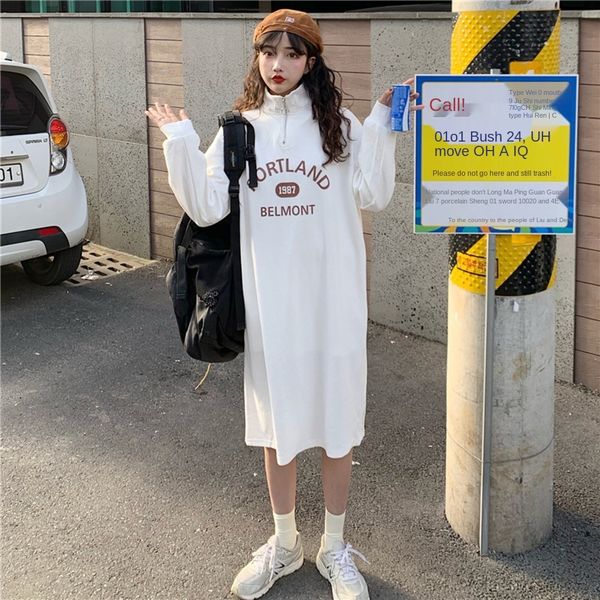 

6535 cotton spring dress dresscoat dressand autumn loose hooded zipper sweater women's large size long sleeve stitching lapel dress wom, Black