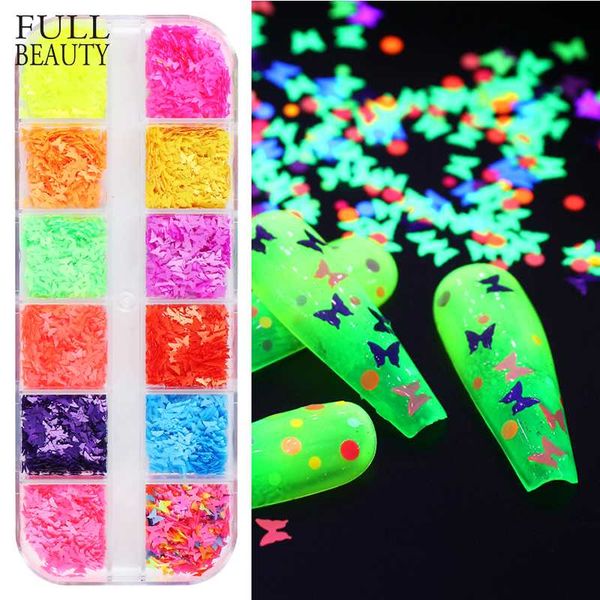 

3d neon colorful butterflies nail glitter flakes fluorescence acrylic sequins manicure polish nail decor 12 grids in set chyhd, Silver;gold