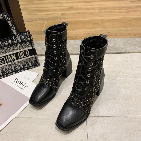 

boots fashion female women shoes ankle 2021 autumn british style leather thick high heels motorcycle botas de mujer, Black