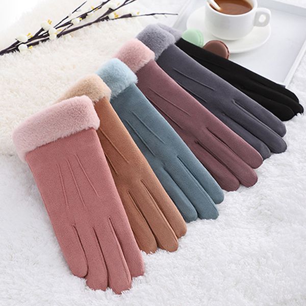 

female double thick plush wrist warm cashmere glove cute cycling mittens women suede leather touch screen driving glove winter, Blue;gray