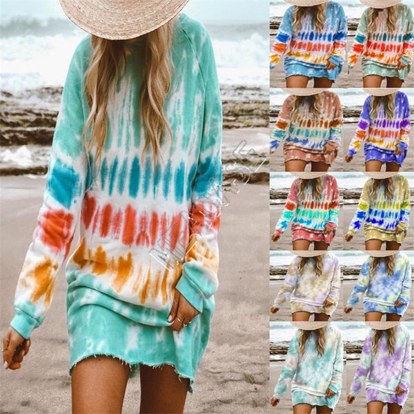

s-5xl women clothing dress tie dyed blouse hoodies dresses color gradient long sleeved knee length skirt oversized long t-shirt d9801, White