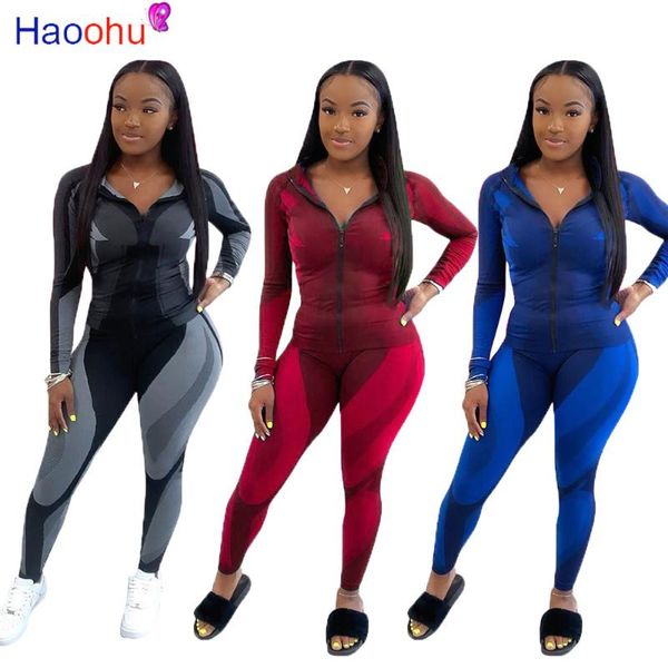 

haoohu sportwear geometric print women's set long sleeve zipper legging pants set tracksuit fitness two piece outfits, Gray