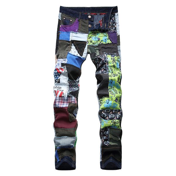 

men's patch design patchwork beggar jeans trendy buttons slim straight denim pants, Blue