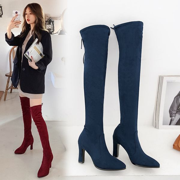 

2020 fashion women boots spring winter over the knee heels quality suede long comfort square botines mujer thigh high boots32-43, Black