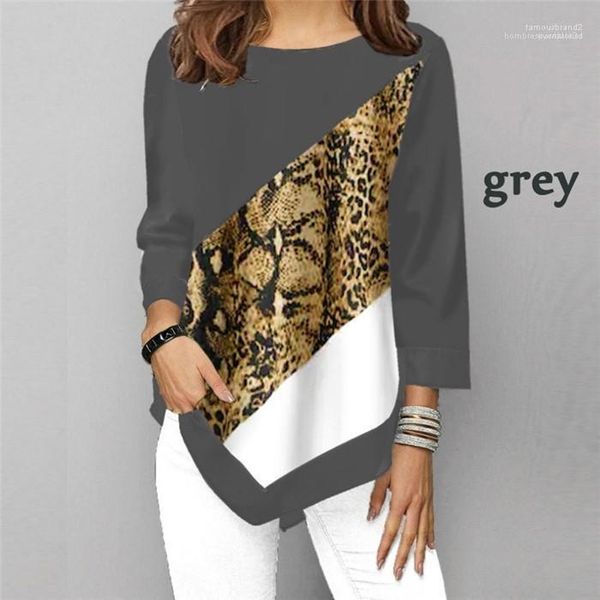 

sleeves crew neck tshirt womens designer stitching tshirt new leopard pattern fashion contrast color irregular long, White