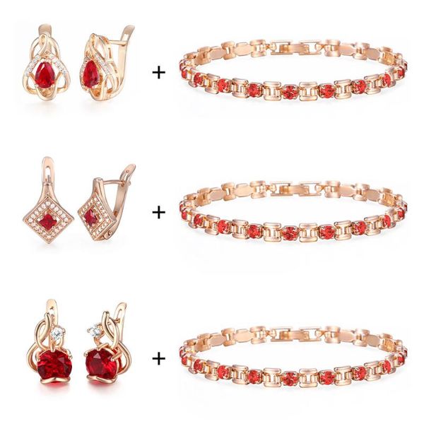 

trendsmax комплекты ювелирных изделий красный куб циркон камень браслет серьги наборы 585 розовое золото заполненные для женщин девушка вале, Silver