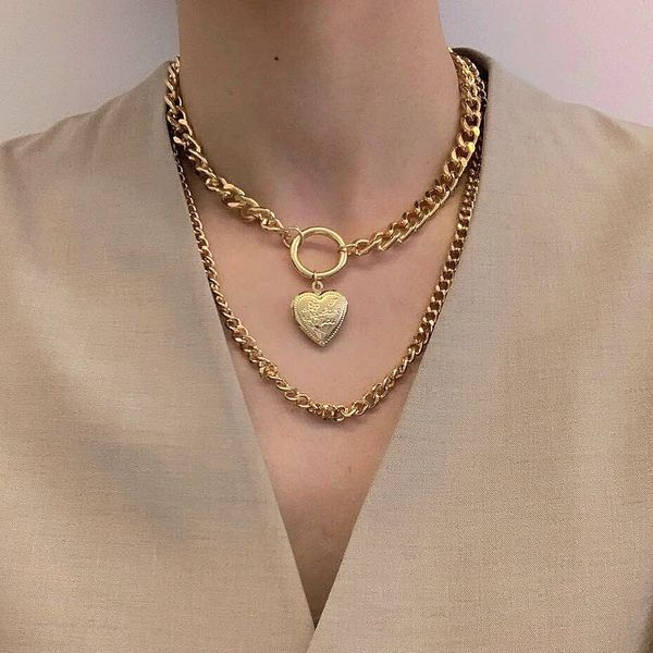 

jewelry heart-shaped creative pendant necklace female exaggerated double-layer simple thick chain short necklace choker, Silver
