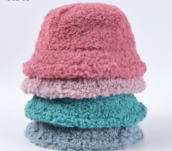 

uspop 2019 winter women bucket hats female candy color lamb hair bucket hats sweet thick warm, Blue;gray