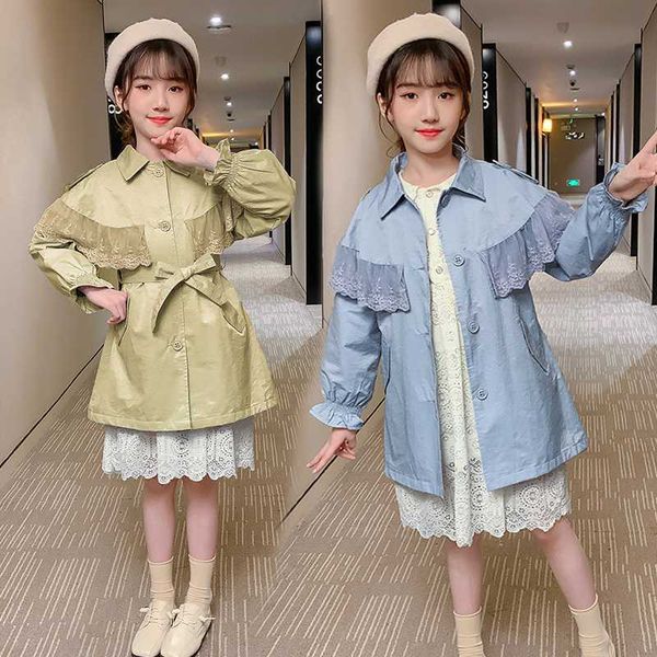 

cotton fashion baby girl windbreakers autumn new long sleeve lace child long coat comfort fall clothes for kids, Blue;gray
