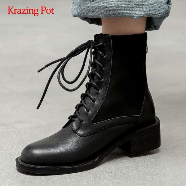 

krazing pot work boots genuine leather cross-tied mature round toe thick med heel lace up office lady daily wear ankle boots l51, Black