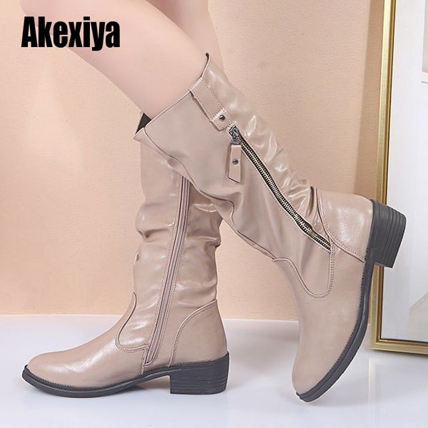 

mid-calf boots plus size 35-43 low-heeled pleated boots female round toe shoes flat autumn winter 2020 u787, Black