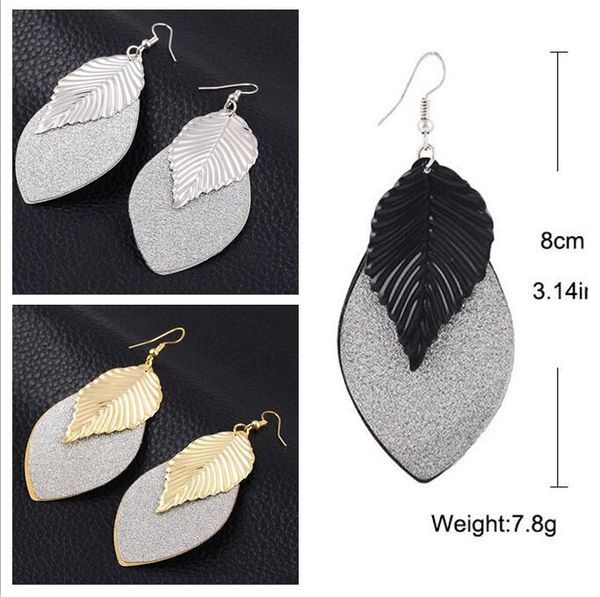 

2020 nightclub rock and roll exaggerated earrings gold silvery black retro frosted leaf long earrings 80mm*34mm, Silver