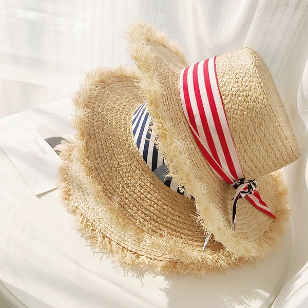 

hat женский летний корейской версии плетеная зонт соломенная шляпка flat top sun sun travel beach bucket, Blue;gray